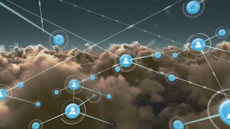 Animation-Des-Netzwerks-Von-Verbindungen-Mit-Menschensymbolen-über-Dem-Himmel-Mit-Wolken