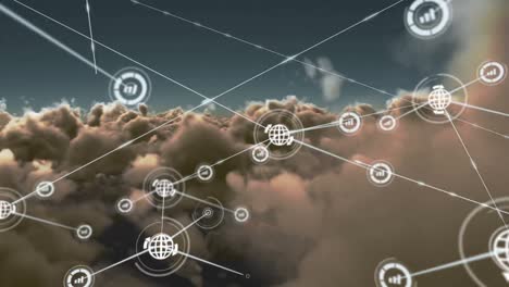 Animation-of-network-of-connections-with-icons-over-sky-with-clouds