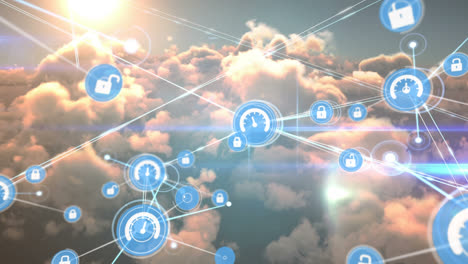 Animation-of-network-of-connections-with-icons-over-sky-with-clouds