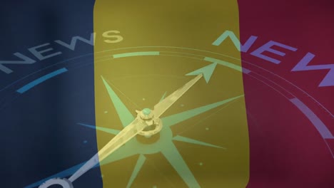 Animation-Von-Kompass-Und-Nachrichten-über-Der-Flagge-Rumäniens