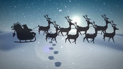 Animation-Von-Schnee,-Der-über-Die-Silhouette-Des-Weihnachtsmanns-Im-Schlitten-Mit-Rentieren-In-Einer-Winterlandschaft-Fällt