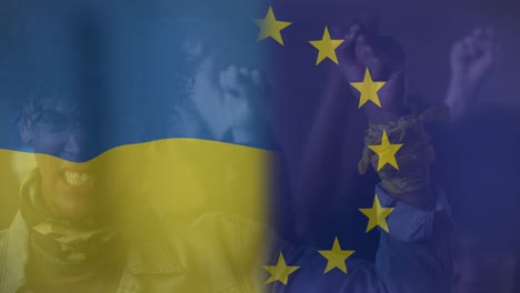 Animation-of-flag-of-ukraine-and-european-union-over-african-american-male-protester