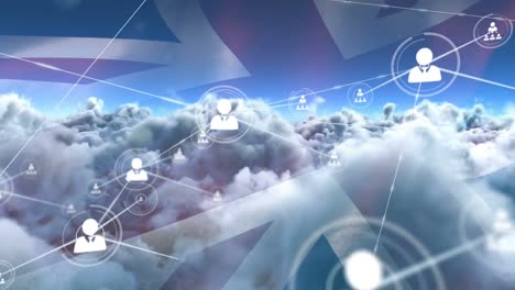 Animation-of-network-of-connections-with-people-icons-over-british-flag,-sky-with-clouds