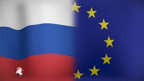 Animation-of-globe-and-breaking-news-over-flag-of-european-union-and-russia