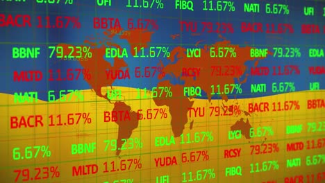 Animation-of-financial-data-and-world-map-over-flag-of-ukraine