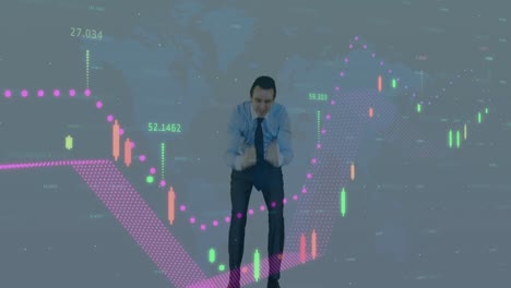 Animation-of-financial-data-over-world-map-and-caucasian-businessman-screaming-with-joy