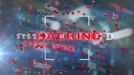 Animation-of-hearts-floating-over-malware,-hacking-and-diverse-data
