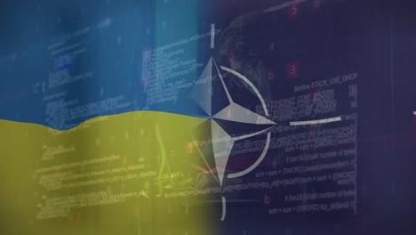 Animation-Eines-Kaukasischen-Männlichen-Hackers-Und-Datenverarbeitung-über-Der-Flagge-Der-NATO-Und-Der-Ukraine