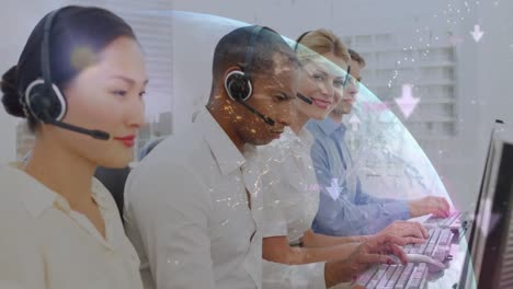 Animation-of-globe-and-connections-over-diverse-business-people-using-phone-headsets