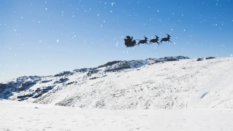 Animation-of-snow-falling-over-silhouette-of-santa-claus-in-sleigh-with-reindeer-in-winter-scenery
