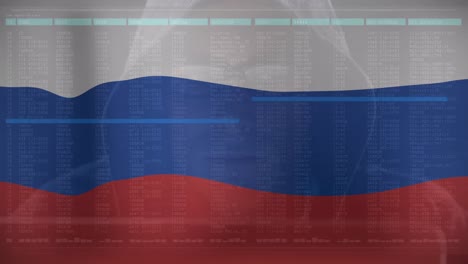 Animation-Kaukasischer-Männlicher-Hacker-Und-Datenverarbeitung-über-Der-Flagge-Russlands