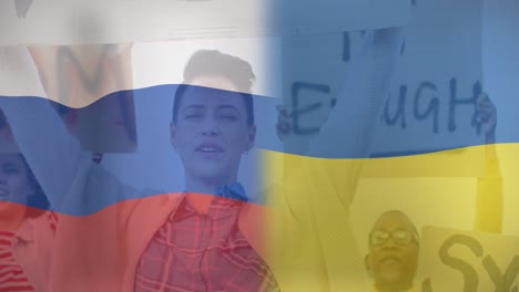 Animation-of-flag-of-ukraine-and-russia-over-diverse-female-and-male-protesters