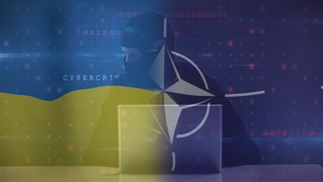 Animation-of-caucasian-male-hacker-over-flag-of-nato-and-ukraine