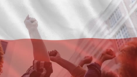 Animation-of-flag-of-poland-over-hands-of-diverse-protesters