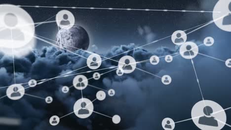 Animation-of-network-of-connections-with-people-icons-over-moon-and-sky-with-clouds