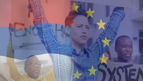 Animation-Der-Flagge-Der-Niederlande-Und-Der-Europäischen-Union-über-Verschiedenen-Weiblichen-Und-Männlichen-Demonstranten
