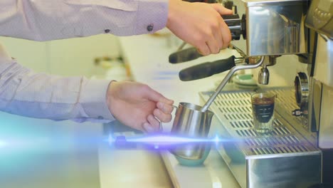 Animation-of-light-spots-over-caucasian-man-preparing-coffee-in-cafe