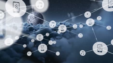 Animation-of-network-of-connections-with-icons-over-moon-and-sky-with-clouds