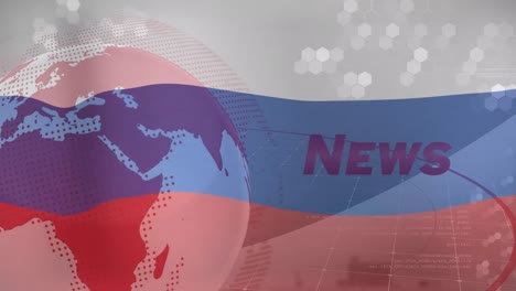 Animation-of-globe-and-news-over-flag-of-russia