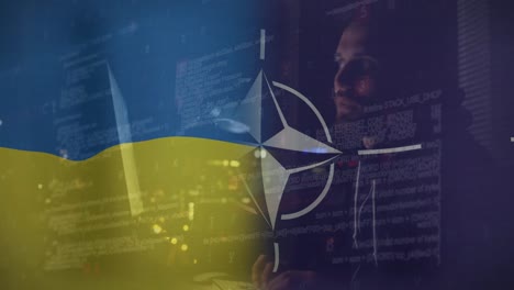 Animation-Eines-Kaukasischen-Männlichen-Hackers-über-Der-Flagge-Der-NATO-Und-Der-Ukraine