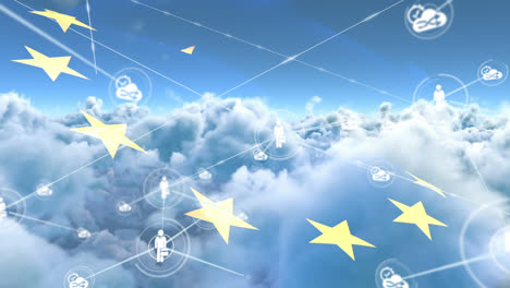 Animación-De-Red-De-Conexiones-Con-íconos-De-Personas-Sobre-La-Bandera-De-La-Unión-Europea,-Cielo-Con-Nubes