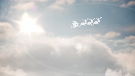 Animation-of-snow-falling-over-silhouette-of-santa-claus-in-sleigh-with-reindeer-over-sky