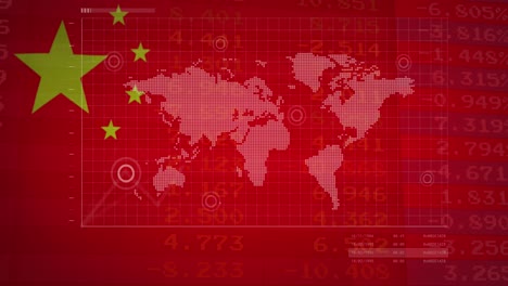 Animation-of-financial-data-and-graphs-over-world-map-and-flag-of-china