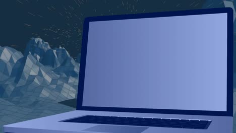 Animation-of-laptop-with-copy-space-on-screen-over-moving-metaverse-landscape