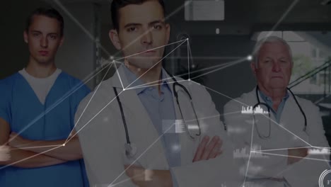 Animation-of-network-of-connections-over-caucasian-male-doctors-with-arms-crossed