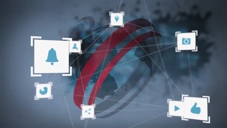 Animation-Des-Globus-Und-Netzwerks-Von-Verbindungen-Mit-Technologiesymbolen-Auf-Grauem-Hintergrund