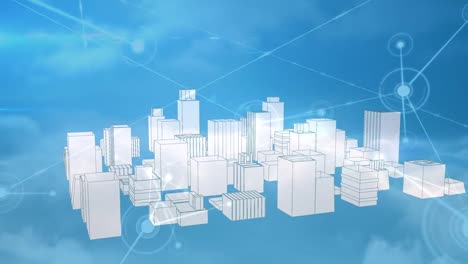 Animation-Des-Verbindungsnetzwerks-über-Der-Digitalen-Stadt-Auf-Blauem-Hintergrund