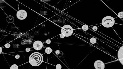 Animation-of-network-of-connections-with-icons-with-glowing-spots