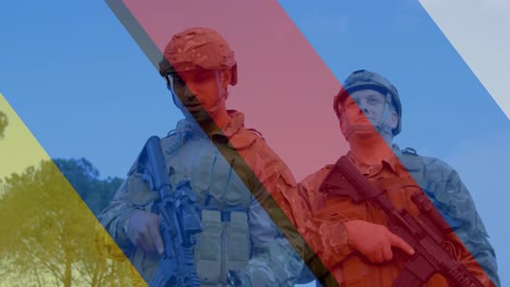Animation-Der-Flagge-Der-Ukraine-Und-Russlands-über-Verschiedenen-Männlichen-Soldaten-Mit-Waffen