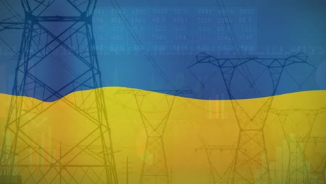 Animation-Der-Flagge-Der-Ukraine-über-Feld--Und-Strommasten