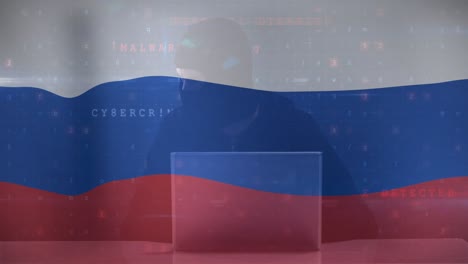 Animation-Eines-Kaukasischen-Männlichen-Hackers-über-Der-Flagge-Russlands