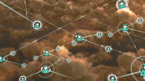 Animation-of-network-of-connections-with-people-icons-over-sky-with-clouds