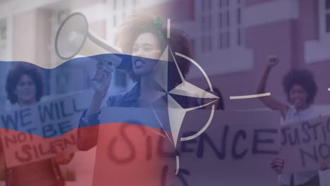 Animation-Der-Flagge-Russlands-Und-Der-NATO-über-Einer-Biracial-Weiblichen-Demonstrantin