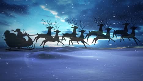 Animation-of-snow-falling-over-silhouette-of-santa-claus-in-sleigh-with-reindeer-in-winter-scenery