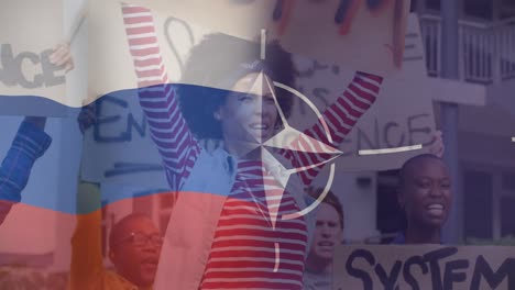 Animation-Der-Flagge-Russlands-Und-Der-NATO-über-Verschiedenen-Weiblichen-Und-Männlichen-Demonstranten