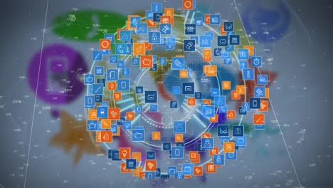 Animation-Des-Globus-Aus-Technologiesymbolen-Auf-Blauem-Hintergrund