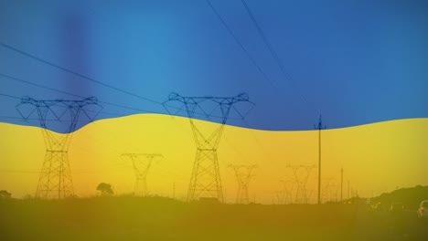 Animación-De-La-Bandera-De-Ucrania-Sobre-Campos-Y-Postes-De-Electricidad.