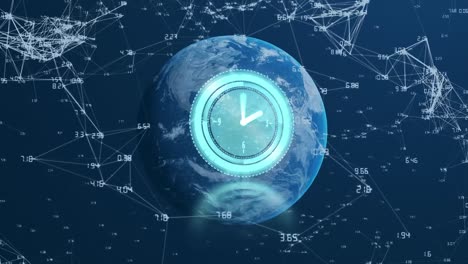 Animation-of-clock-moving-over-globe,-connections-and-numbers-on-navy-background