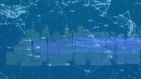Animation-of-network-of-connections-with-numbers-over-3d-cityscape-spinning