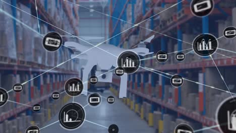 Animation-of-network-of-connections-with-icons-and-delivery-drone-over-warehouse