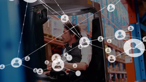 Animation-of-network-of-connected-people-icons-over-caucasian-male-worker-in-warehouse