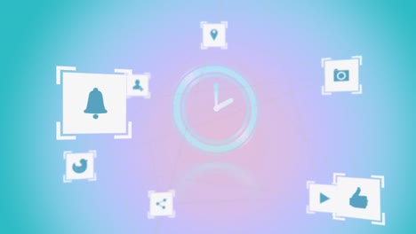 Animation-of-icons-over-clock-moving-on-blue-and-violet-background