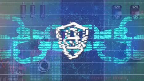 Animation-of-digital-shield-with-padlock-and-block-chains-on-blue-background