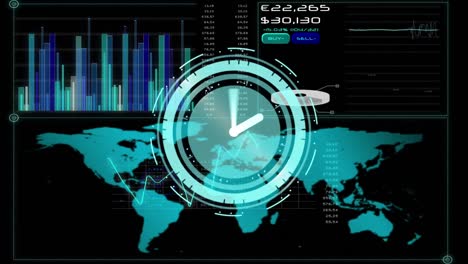 Animation-of-clock-moving-over-data-and-world-map-on-black-background