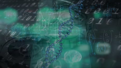 Animation-of-dna-and-scientific-data-processing-on-green-and-black-background