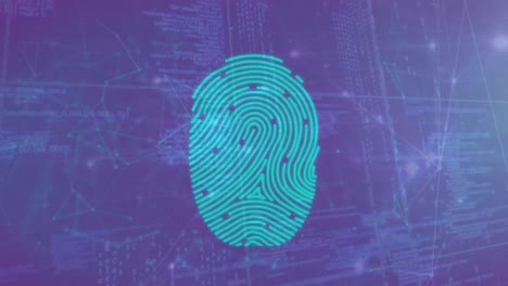 Animation-of-data-and-fingerprint-over-digital-padlock-on-violet-background